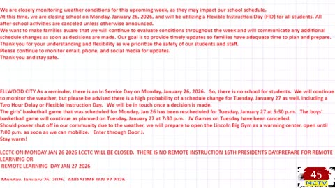 NCTV45 SCHOOL CLOSINGS AND DELAYS AS OF 2:15 PM SUNDAY JAN 25 2026