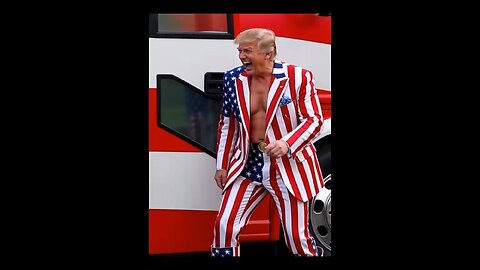 Donald Trump dancing in front of a bus.