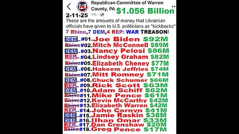 Paid KickBacks to the dirtiest 18 people in the US govenment: Joey #1, Mitch #2 & Nancy Pelosi #3