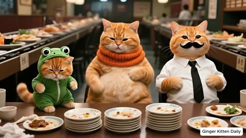Ginger Kitten and Mama Cat Welcome Papa Cat Home , With a Full-Belly Sushi Buffet
