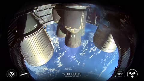 Starship’s Raptor engines ignite during hot-staging separation. Super Heavy is boosting