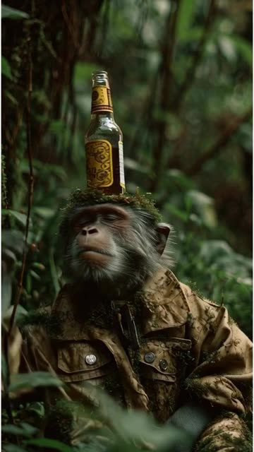 monkey dancing with beer bottle and glass put on his head in deep forest