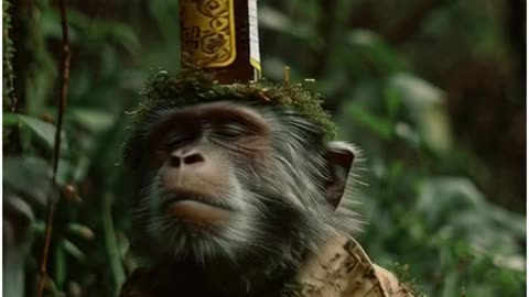 monkey dancing with beer bottle and glass put on his head in deep forest