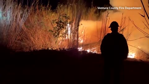 Firefighters battle bush fire in California's Ventura County
