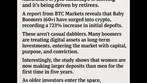 A new report from BTC Markets shows Baby Boomers (60+) have surged into crypto