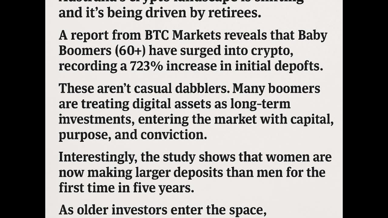 A new report from BTC Markets shows Baby Boomers (60+) have surged into crypto