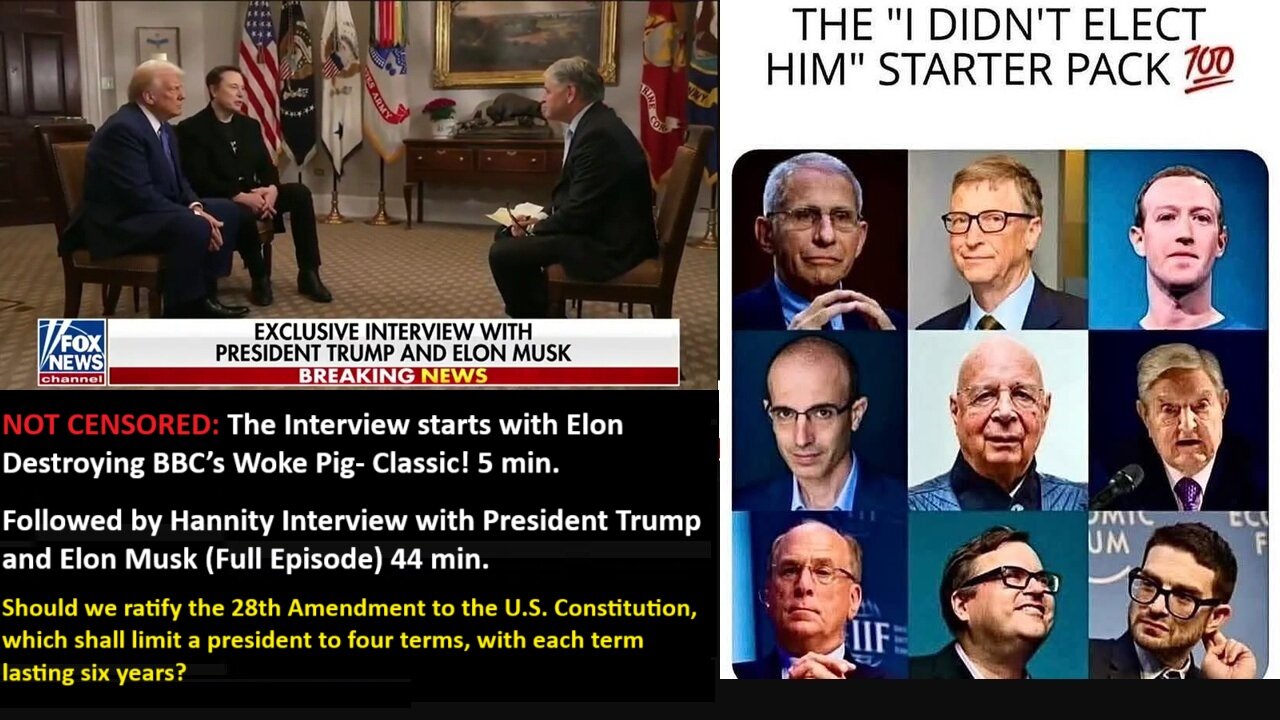 NOT CENSORED: Hannity Interview with President Trump & Elon Musk (Full Episode) 44 min. The Interview starts with Elon Destroying BBC’s Woke Pig- Classic! 5 min.