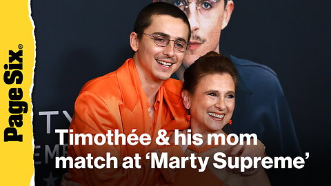 Timothée Chalamet and his mom match in 'Marty Supreme' orange on NYC premiere red carpet