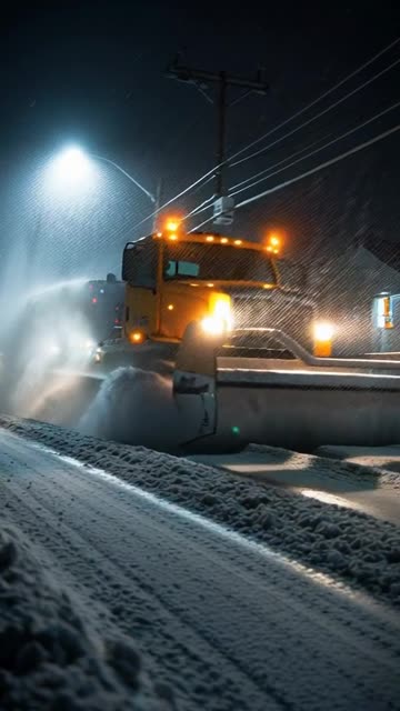 a snow plow salting the road at night time as if a person was driving