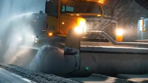 a snow plow salting the road at night time as if a person was driving