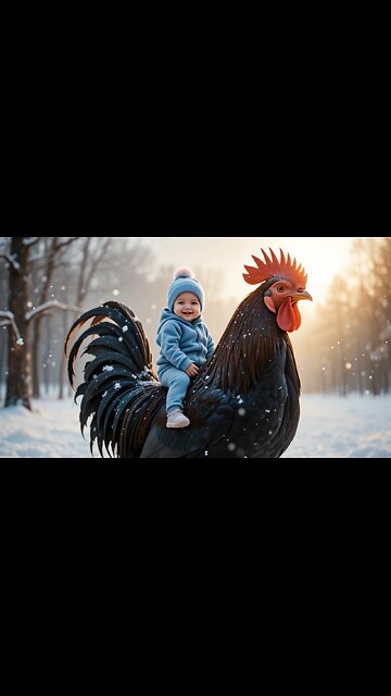 Baby Rides a Giant Rooster in the Snow! 🐔❄️👶