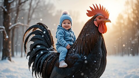 Baby Rides a Giant Rooster in the Snow! 🐔❄️👶