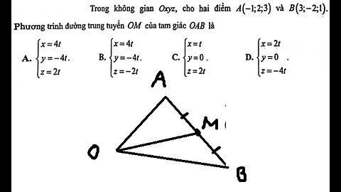 Toán 12: Trong không gian Oxyz, cho hai điểm A(-1;2;3) và B(3;-2;1). Phương trình đường trung tuyến