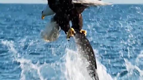The eagle is catching such a big fish from the sea