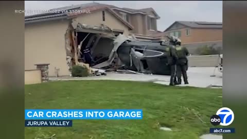 Video shows car go airborne before crashing into Jurupa Valley garage