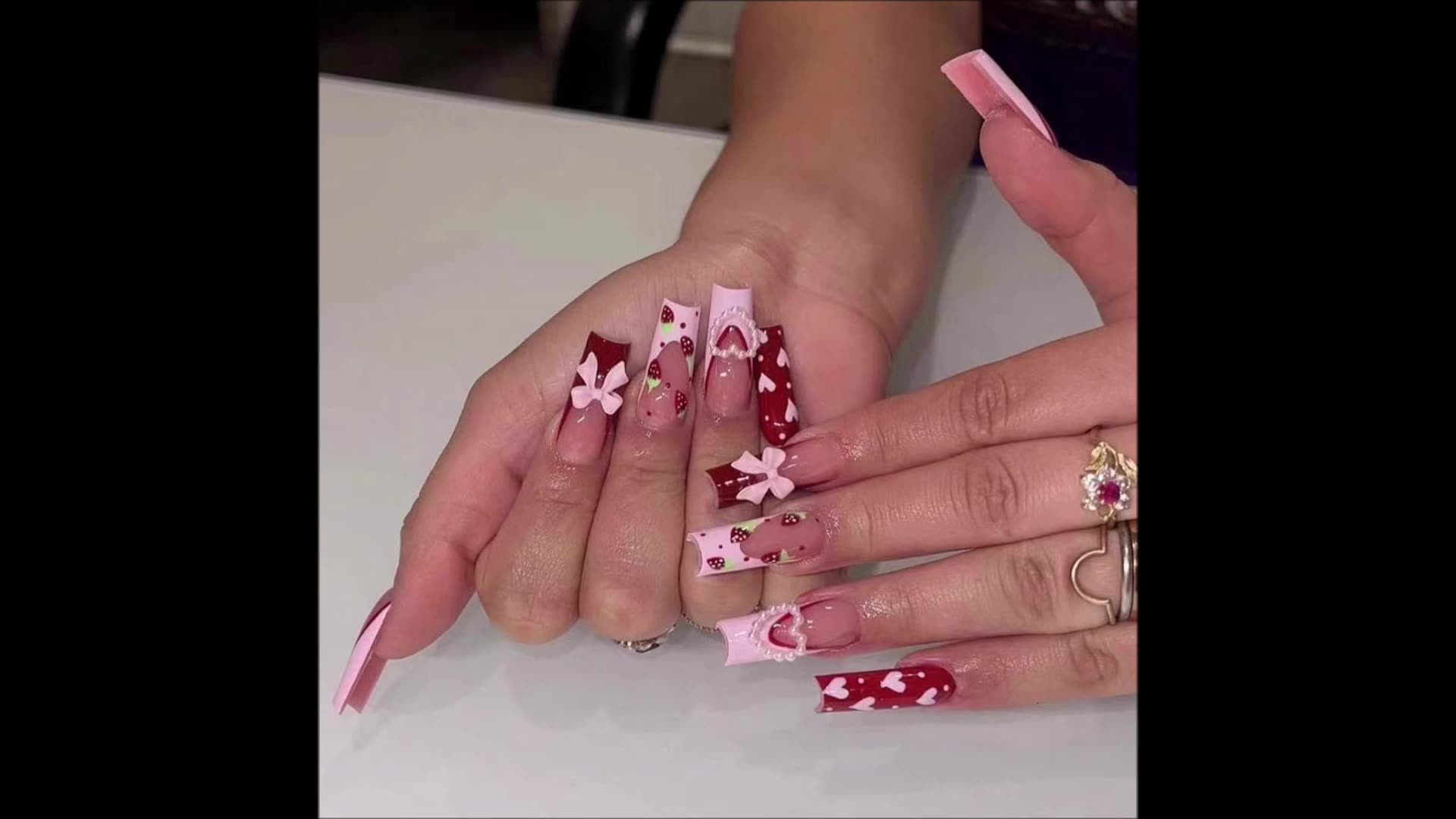Valentines Day Press on Nails Long Square Fake Nails Pink Red French Tip Nails Press ons Glossy Glue on Nails Nude False Nails with Heart Bow Charms Designs Acrylic Stick on Nails for Women
