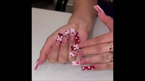 Valentine's Day Press on Nails Long Square Fake Nails Pink Red French Tip Nails Press ons Glossy Glue on Nails Nude False Nails with Heart Bow Charms Designs Acrylic Stick on Nails for Women 