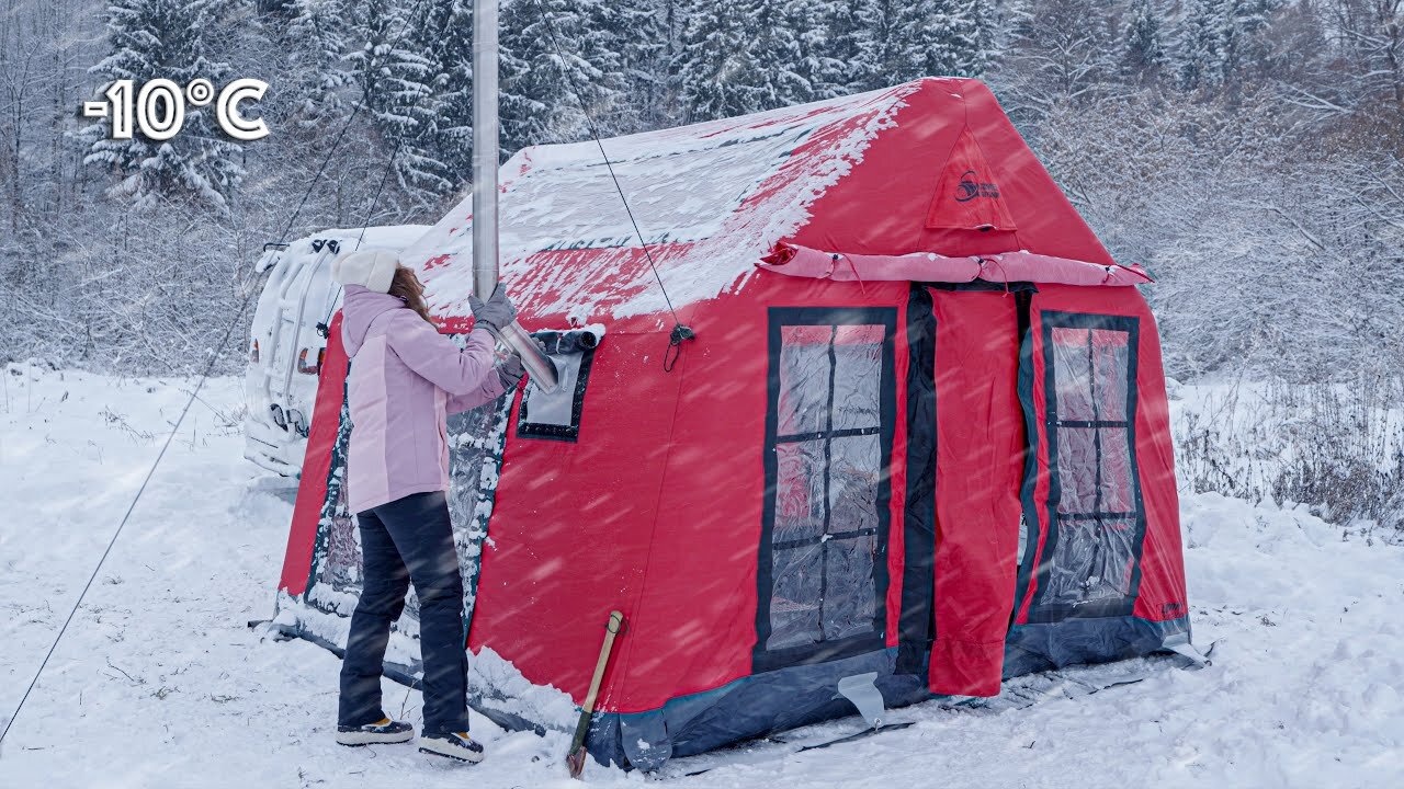 SOLO GIRL in Snowstorm: ASMR Living in an Inflatable Tent ❄️#SoloGirl #SnowstormLife #ASMRChallenge