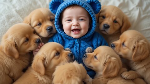 Adorable Baby Surrounded by Playful Puppies: Too Cute