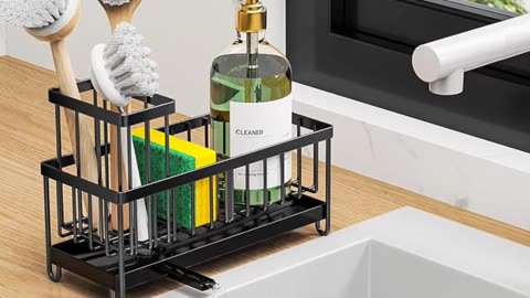 🖤Keep Your Kitchen Spotless | Cisily Black Sponge Holder with High Brush & Soap Dispenser Organizer!