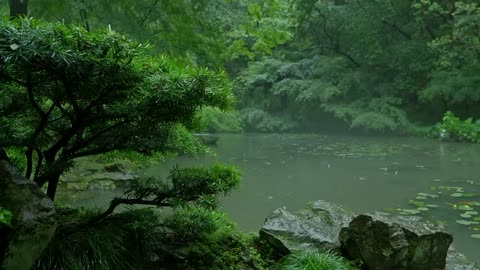 The beautiful little lake is raining