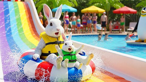 Mama Rabbit Teaches Bunny to Swim, A Fun-Filled Day at the Water Park! 🐇💦🌊#rabbit #bunny
