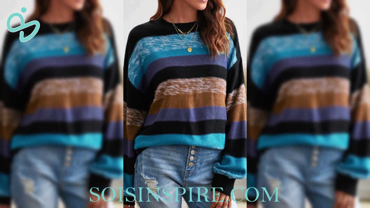 Contrast Striped Round Neck Drop Shoulder Sweater