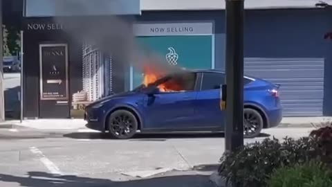 Electric car shuts down, traps the driver inside, then catches fire.