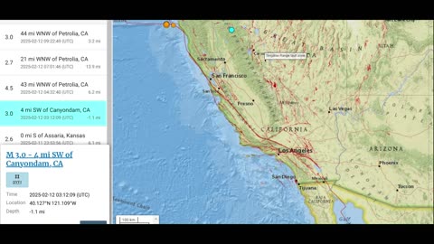 Earthquakes, Yellowstone, Events, Tsunami Stations. 2/12/2025