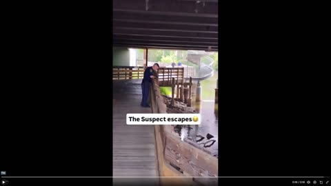Moron videos a suspect escaping, while police try to find him in the water.