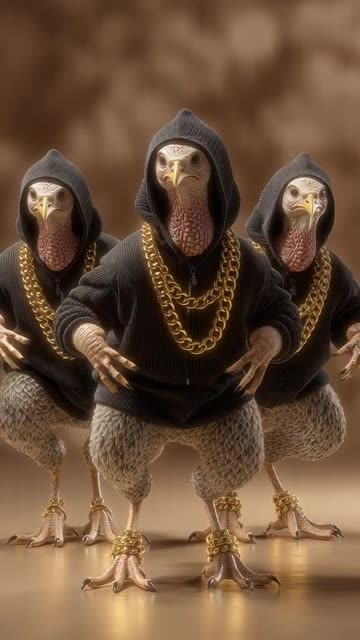 three turkeys dancing, dressed in a black hoodies and gold chains like a gangster rappers