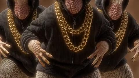 three turkeys dancing, dressed in a black hoodies and gold chains like a gangster rappers