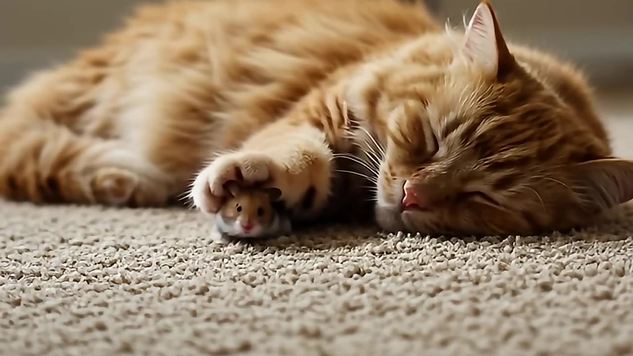 Cat cuddles hamster to sleep