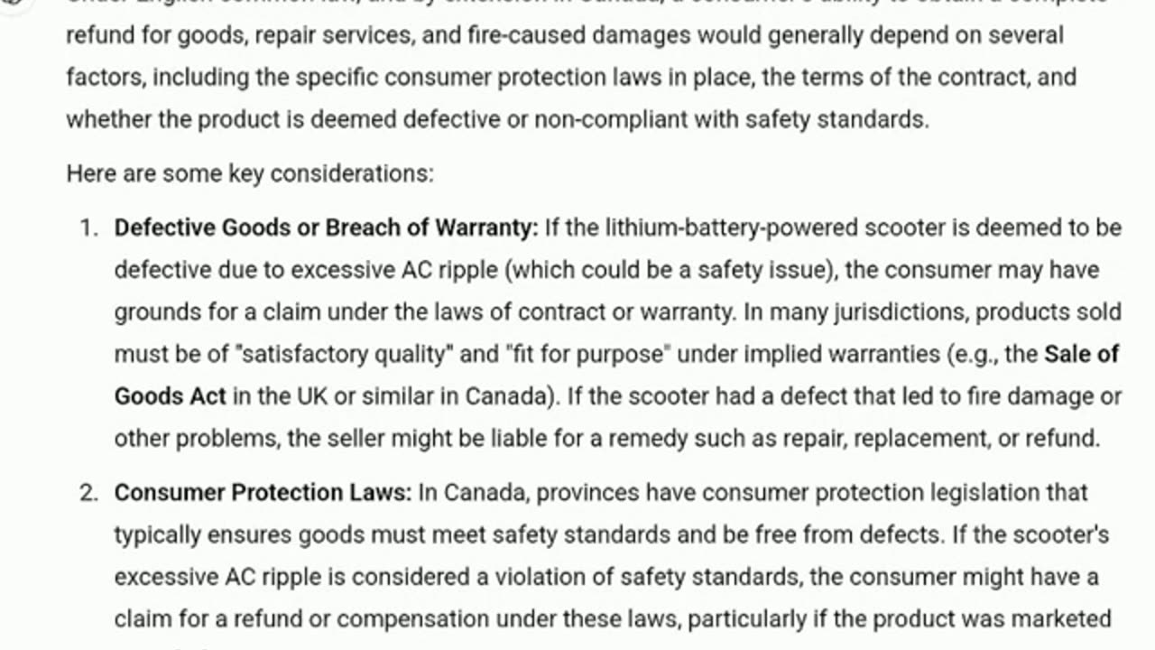 Complete refund for fire-caused damages for a lithium-battery-powered scooter.