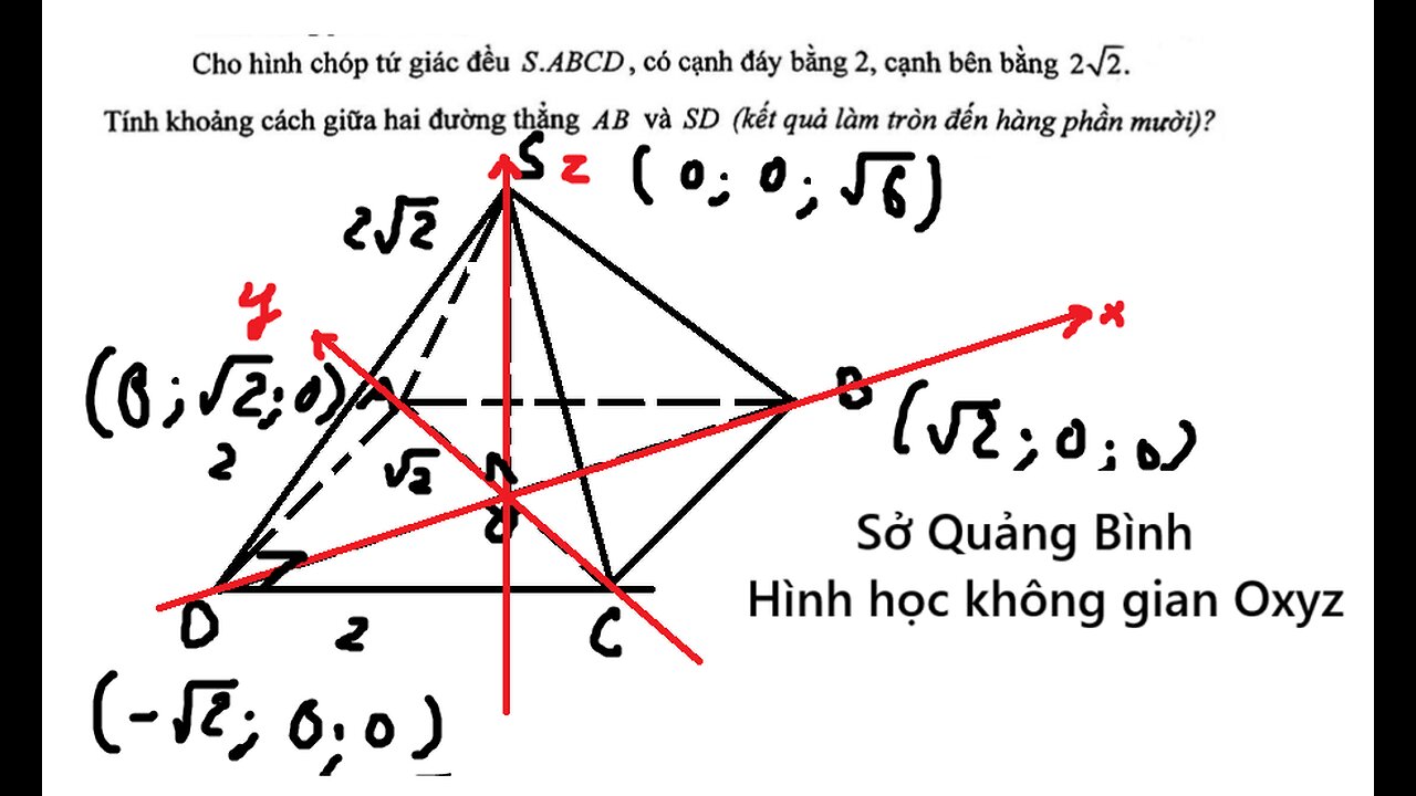 Tọa độ hóa: Cho hình chóp tứ giác đều S.ABCD có cạnh đáy bằng 2, cạnh bên bằng 2√2. Tính khoảng