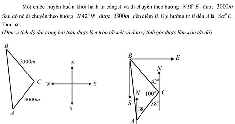 Toán 10: Một chiếc thuyền buồm khởi hành từ cảng A và di chuyển theo hướng N38°E được 3000m. Sau đó