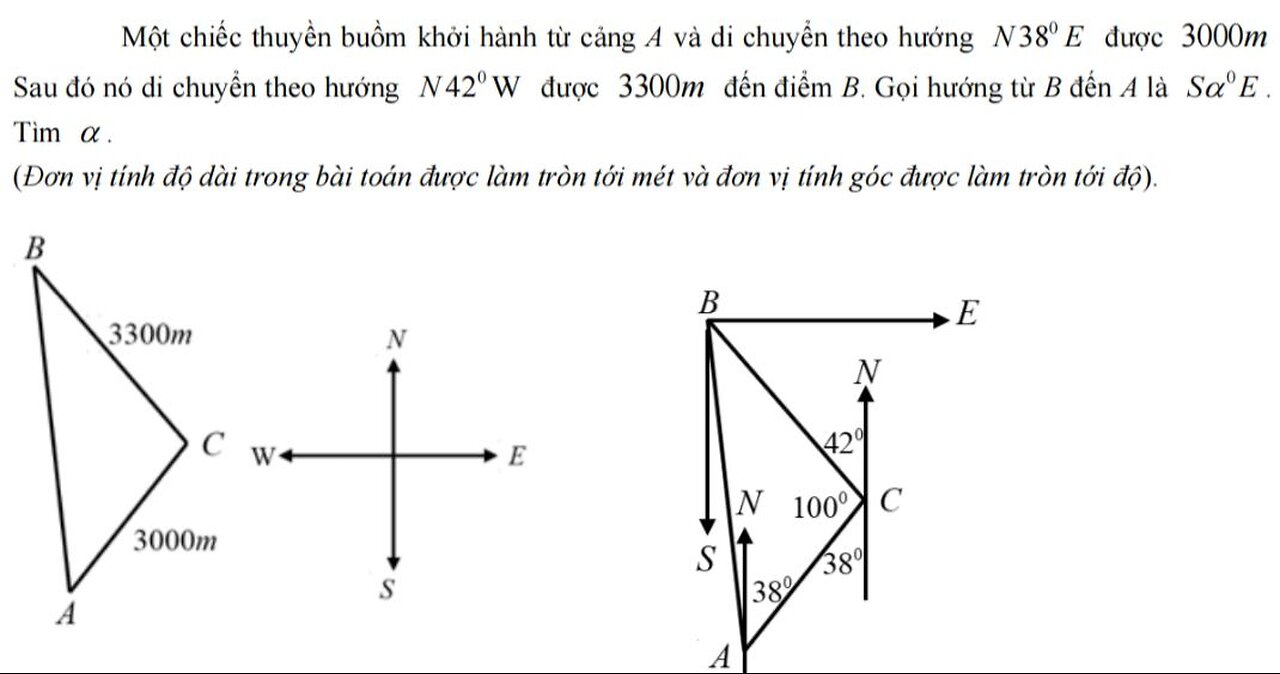 Toán 10: Một chiếc thuyền buồm khởi hành từ cảng A và di chuyển theo hướng N38°E được 3000m. Sau đó