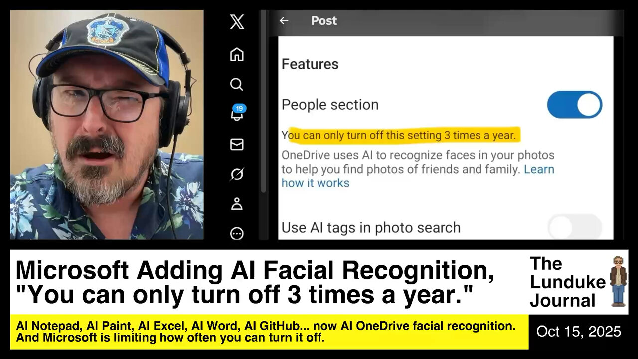 Microsoft Adding AI Facial Recognition, "You can only turn off 3 times a year."
