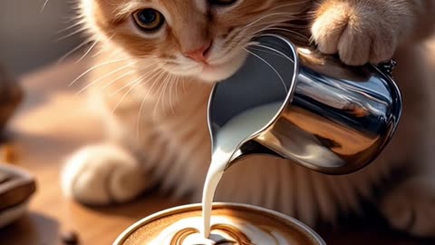 Kitten pouring milk, forming an intricate latte art portrait of a bearded figure