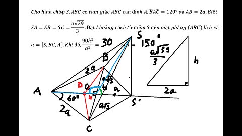 Cho hình chóp S.ABC có tam giác ABC cân đỉnh A,(BAC) ̂=120° và AB=2a.Biết SA=SB=SC=(a√39)/3
