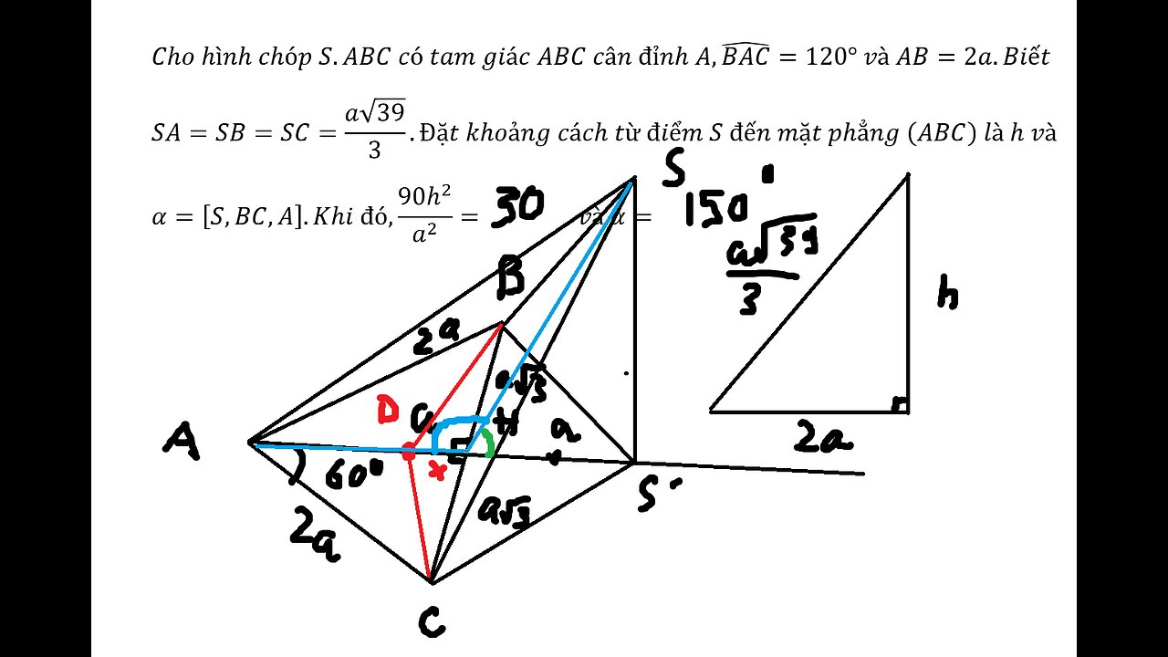 Cho hình chóp S.ABC có tam giác ABC cân đỉnh A,(BAC) ̂=120° và AB=2a.Biết SA=SB=SC=(a√39)/3