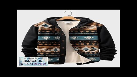 Mens Ethnic Geometric Print Patchwork Button Front Hooded Jacket Black S Review