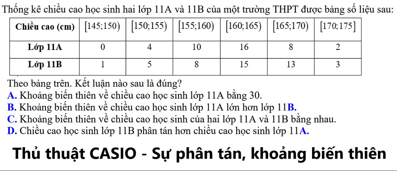 CASIO Sự phân tán: Thống kê chiều cao học sinh hai lớp 11A và 11B của một trường THPT được bảng số