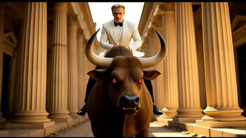 MAN WEARING TUXEDO RIDING A MINOTAUR