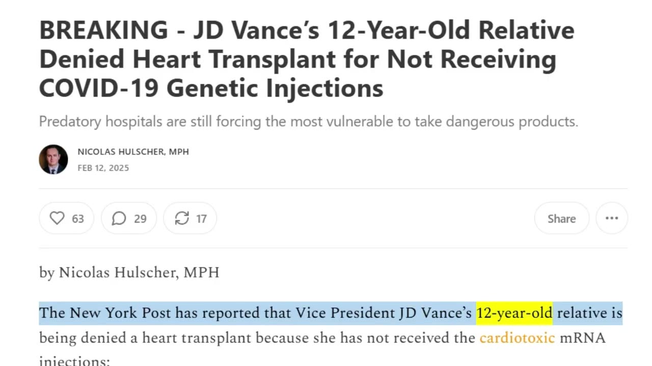 JD Vance’s 12-Year-Old Relative Denied Heart Transplant for Not Receiving COVID-19 Injections