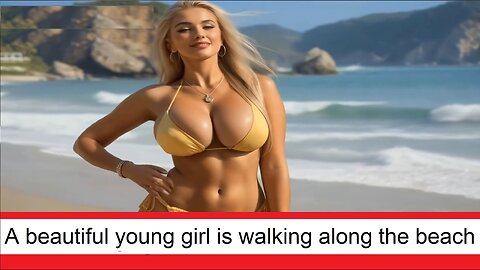 A beautiful young girl walks along the beach, admiring the ocean at sunset