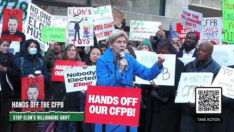 Elizabeth Warren shouting the word "FIGHT" at CFPB protest against Elon Musk & DOGE