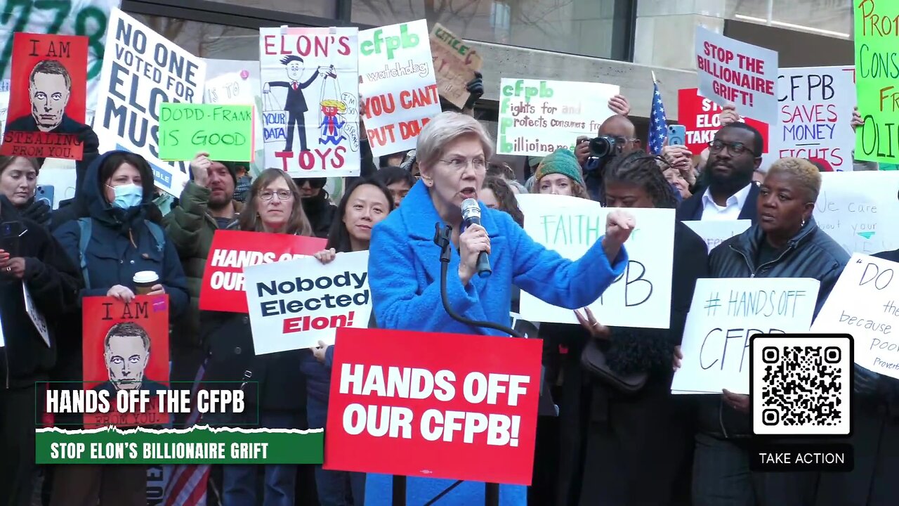 Elizabeth Warren shouting the word "FIGHT" at CFPB protest against Elon Musk & DOGE