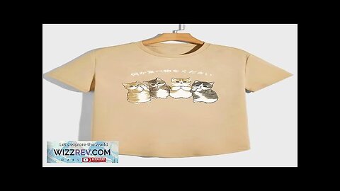 Mens Japanese Cartoon Cat Print Crew Neck Short Sleeve T-Shirts khaki Review