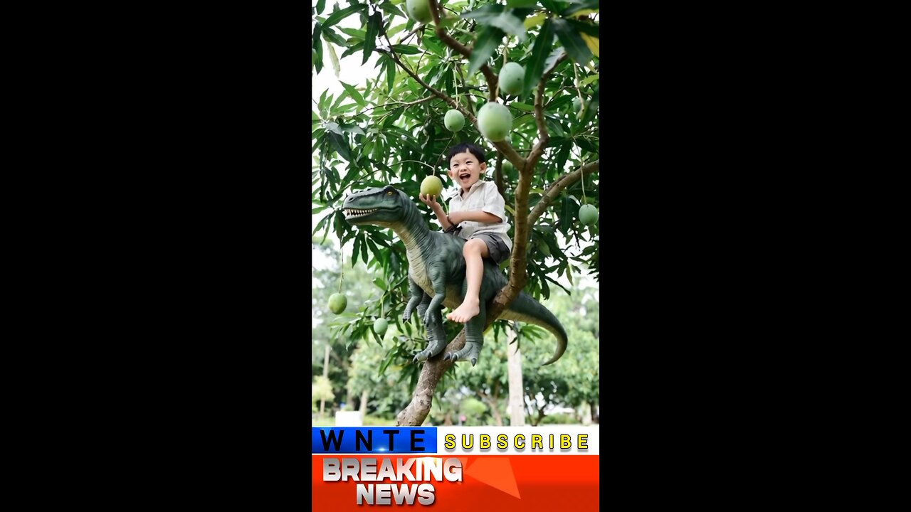 A boy is sitting on a dinosaur in a mango tree, picking mangoes.